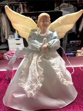Vintage/retro Angel Tree Topper in Pale Blue with Yellow Wings
